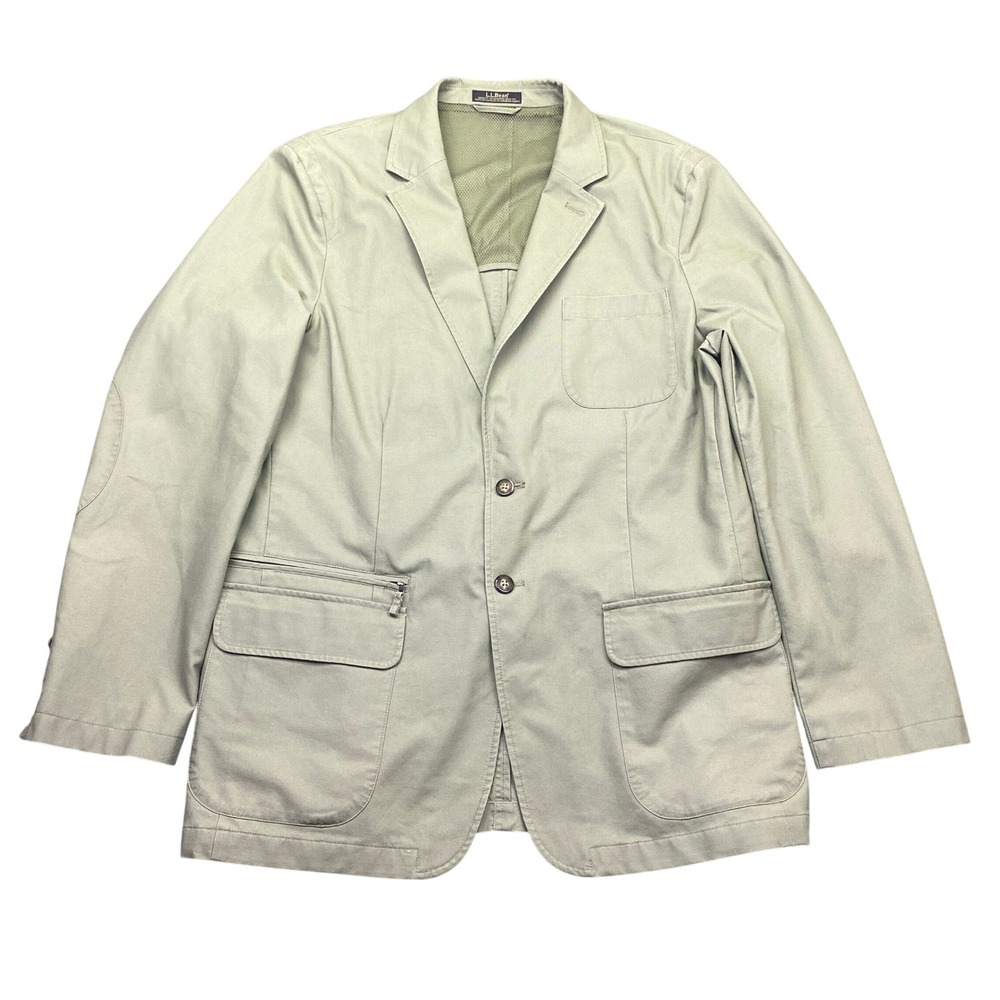 LL Bean Mens 44 Tall Green Cotton Canvas Field Blazer Jacket 290178 Elbow Patch